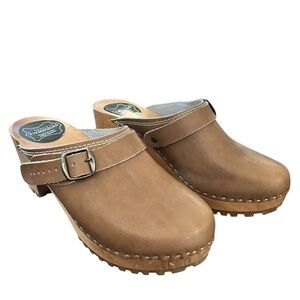 SWED2WALK Stockholm Swedish Wooden Leather Clogs Mules Chestnut Tan EU40 US9 EC